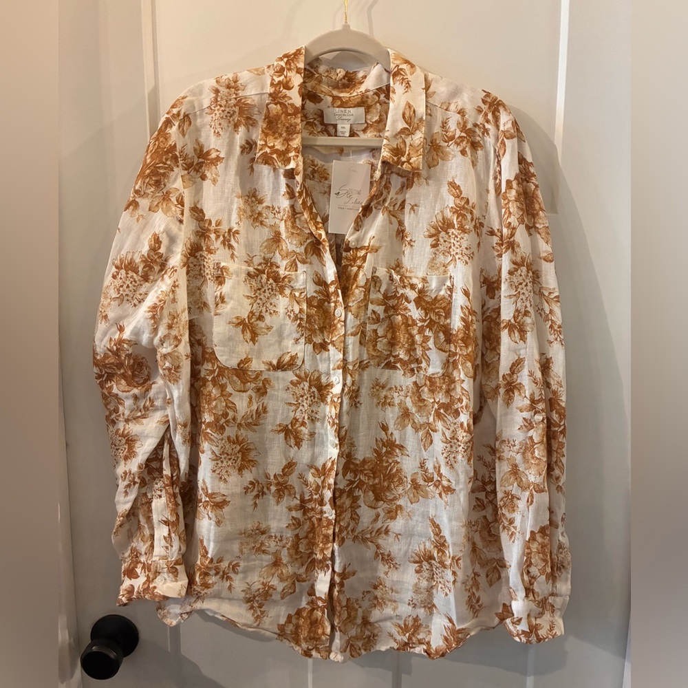 Charter Club Linen Floral Top in Rust and White